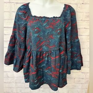 Terra & Sky Bell Sleeve Smock Top Plus Size 2X‎ Animal Mark Rose Wine Boho
